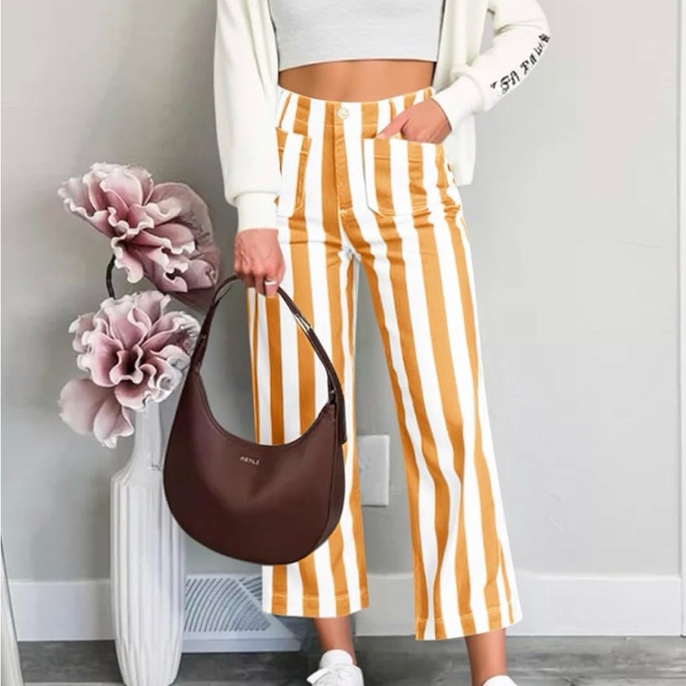 Bold Striped Mustard and White Women's Cropped Pants